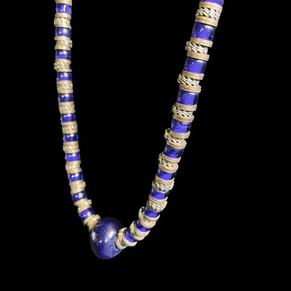 Artisan Blue Beaded Necklace Brass Accents Leather Cord Boho Tribal Vintage Look - Picture 7 of 9